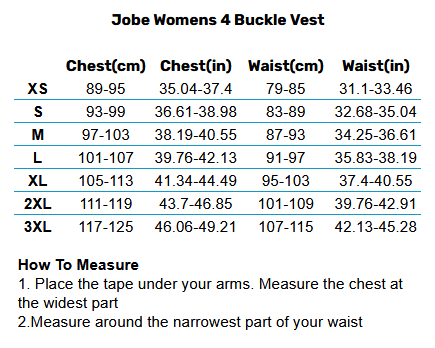 2025 Jobe Womens 4 Buckle Vest 0 Størrelsesskema